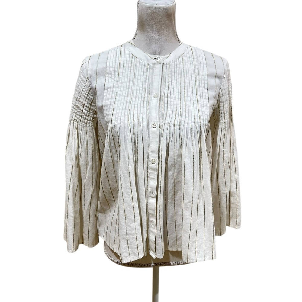 Joie off white striped cotton/linen pleated Button-Down Blouse collarless sz xs